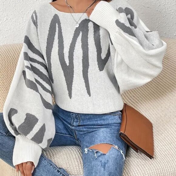 Boat Neck Pullover Sweater Graphic Pattern, Elegant Lantern Sleeve Oversized Swe - Picture 2 of 5